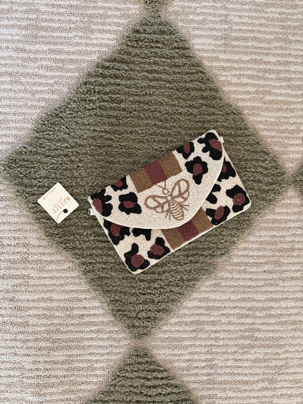 Beaded Leopard Print Clutch in Cream and Brown